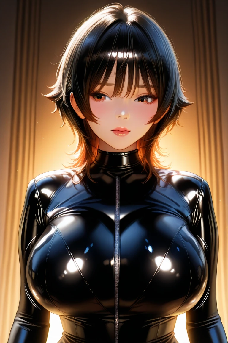 solo, super high image, super detail, super high resolution, latex body suit, perfect beautiful female, round face and eyes, droopy eyes, double eyelids, blue sparkling big eyes, glossy short hair, red alluring moist big thick lips, amorous expression, lewd expression, ahegao, orgasm, flat chest, abs, slender, on the bed, professional lighting