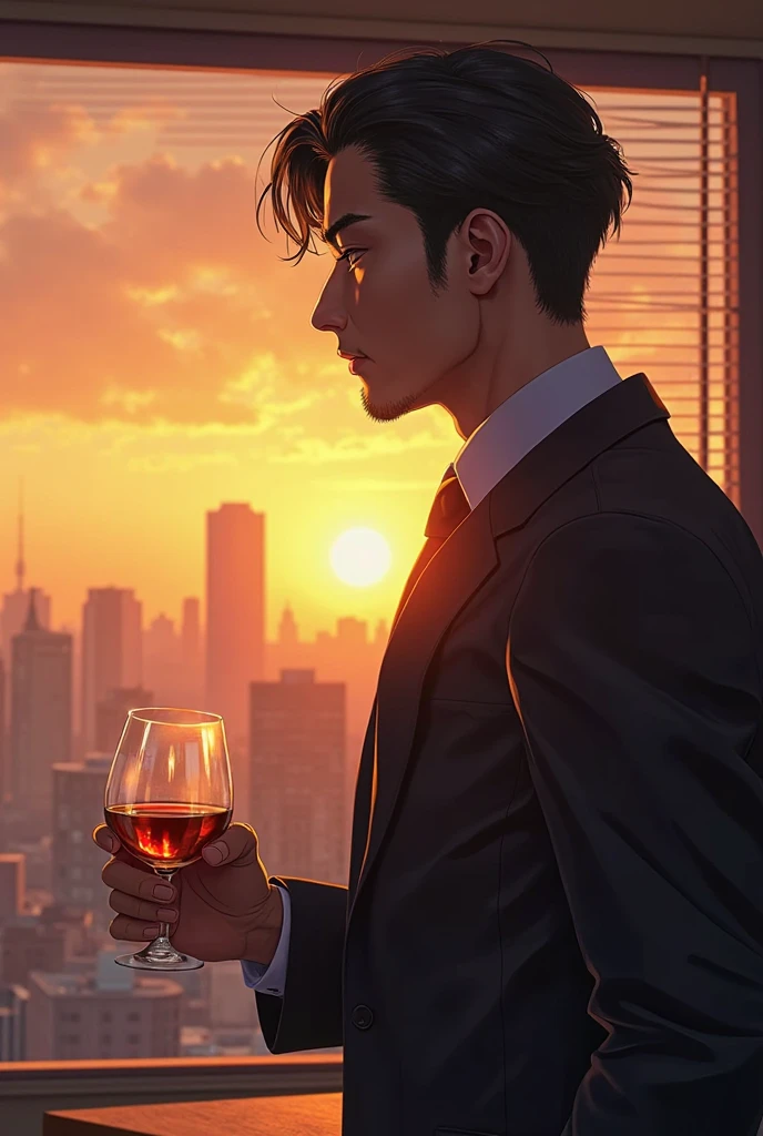high quality photos, middle-aged Japanese male detective excluding blinds, in a suit, No beard, calm face, Hair hardened with hairdressing, I have a brandy glass with a diameter of 30 cm, standing by a window with the sunset, Shift the blinds and look out