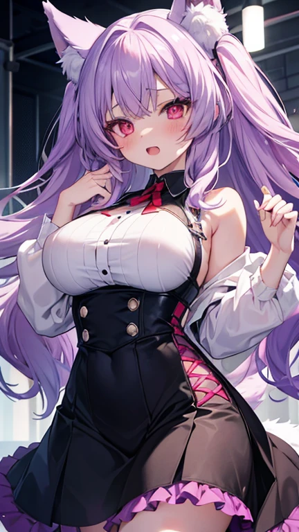 Fox Girl, Big Breasts, Voluminous purple hair, masterpiece , Red eyes、Double teeth、tooth、Blushed cheeks、 hd, from head to chest, buried in my chest、Underbust、Cleavage、Bunny Suit