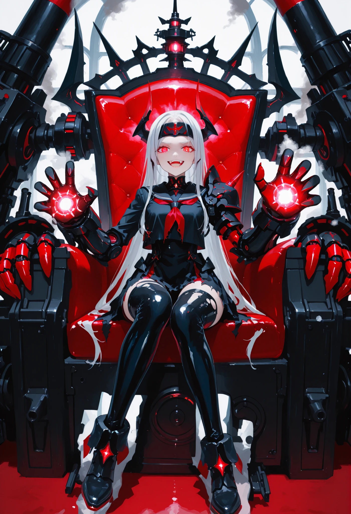 A girl in a black sailor uniform. White hair. Long hair. Forehead protector. Glowing red eyes. Fearless smile. Darkly discolored hands. Black armored arms. Asymmetrical arms. Oversized latex boots. Torn costume. Sit on a small battleship. Mechanical monster fangs. Cannon turret.