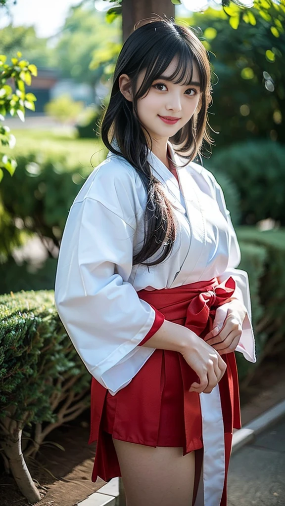 (16k,super highest quality,Ultra-high resolution,masterpiece,Realistic,Realistic,Very detailed),A young and adorable 12 year old〜20 year old girl,((I rolled up the hem of the shrine maiden's skirt.))((Show your panties)),Esbian all over,Full body angle,Full body photo,Baby Face,single eyelid,Long legs,Thin legs,Thin thighs,Beautiful hands and feet,chest,Cute smile,Adorable smile,Rose garden in the background