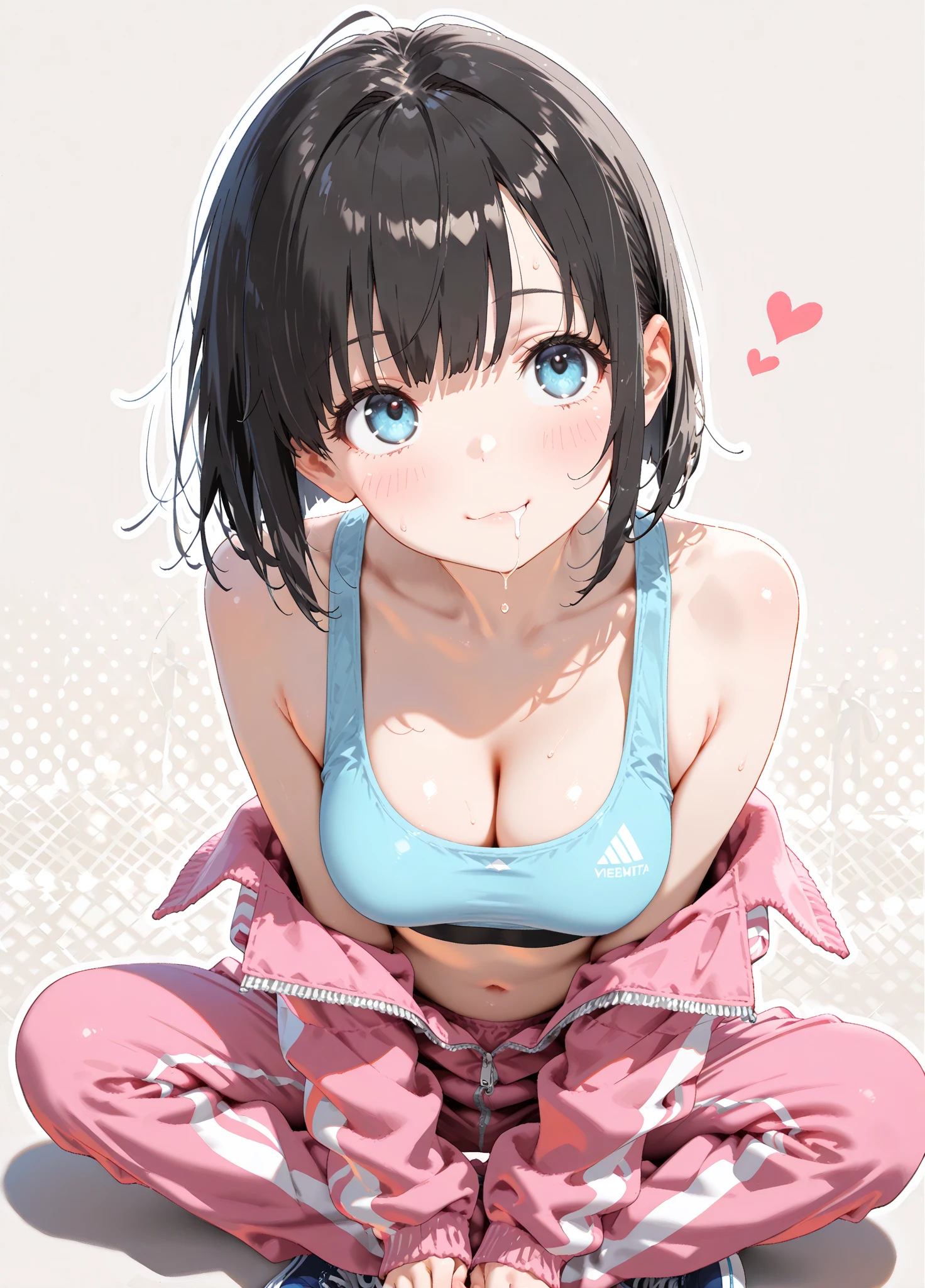 very cute and beautiful girl,(Very detailed美しい顔), (((Close-up shot of face、Open your mouth very wide、Sweating all over、White liquid))),blush,Black Hair,Seraphim,((short hair、Black Hair、Pink hair on the inside、Gal、Small breasts)),((Track & field athletes' uniforms)),((Reaching for the camera、Spread your legs、High angle、Dynamic Angle)), ((Small storage room in gymnasium、Dim lighting、vapor、Sigh、The expression of the limit)), (Highest quality,masterpiece:1.0),Absurd,High resolution,Super detailed,Very detailed,32k,8K resolution, Intricate details,Movie Scenes,Detailed Background,alone,Dynamic Angle,