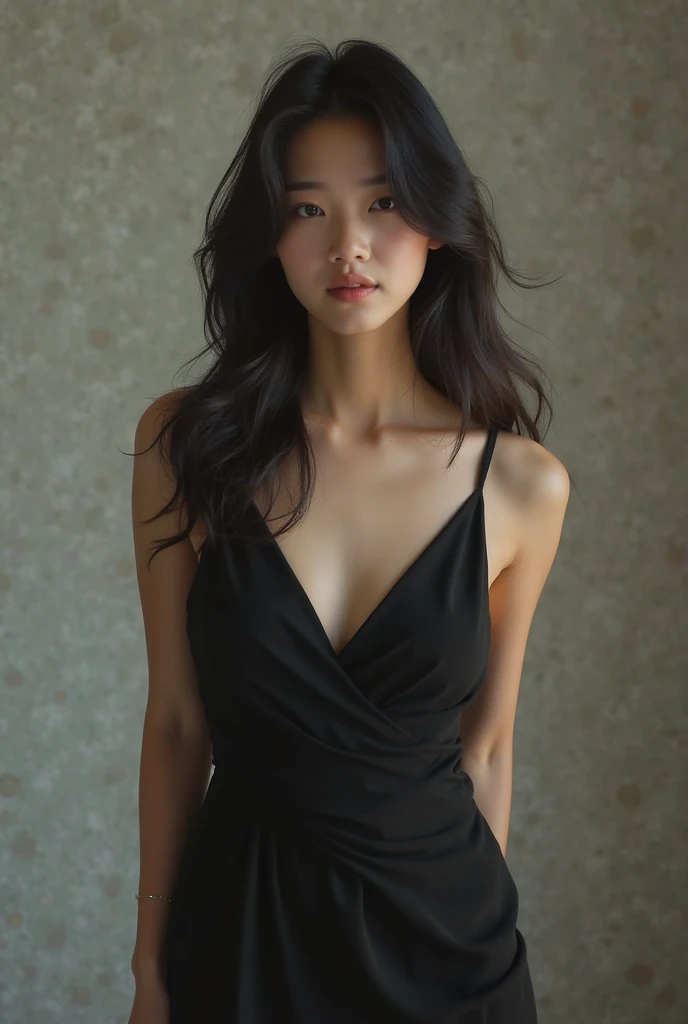 Female asian, black dress, black straight hair
