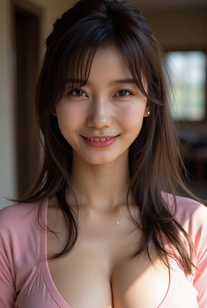 masterpiece,best quality,(Japanese girl),((Beautiful girl)),cleavage,(off shoulder:1.3),indoor,(perfect body beauty:1.2),(shy smile),beautiful teeth,
