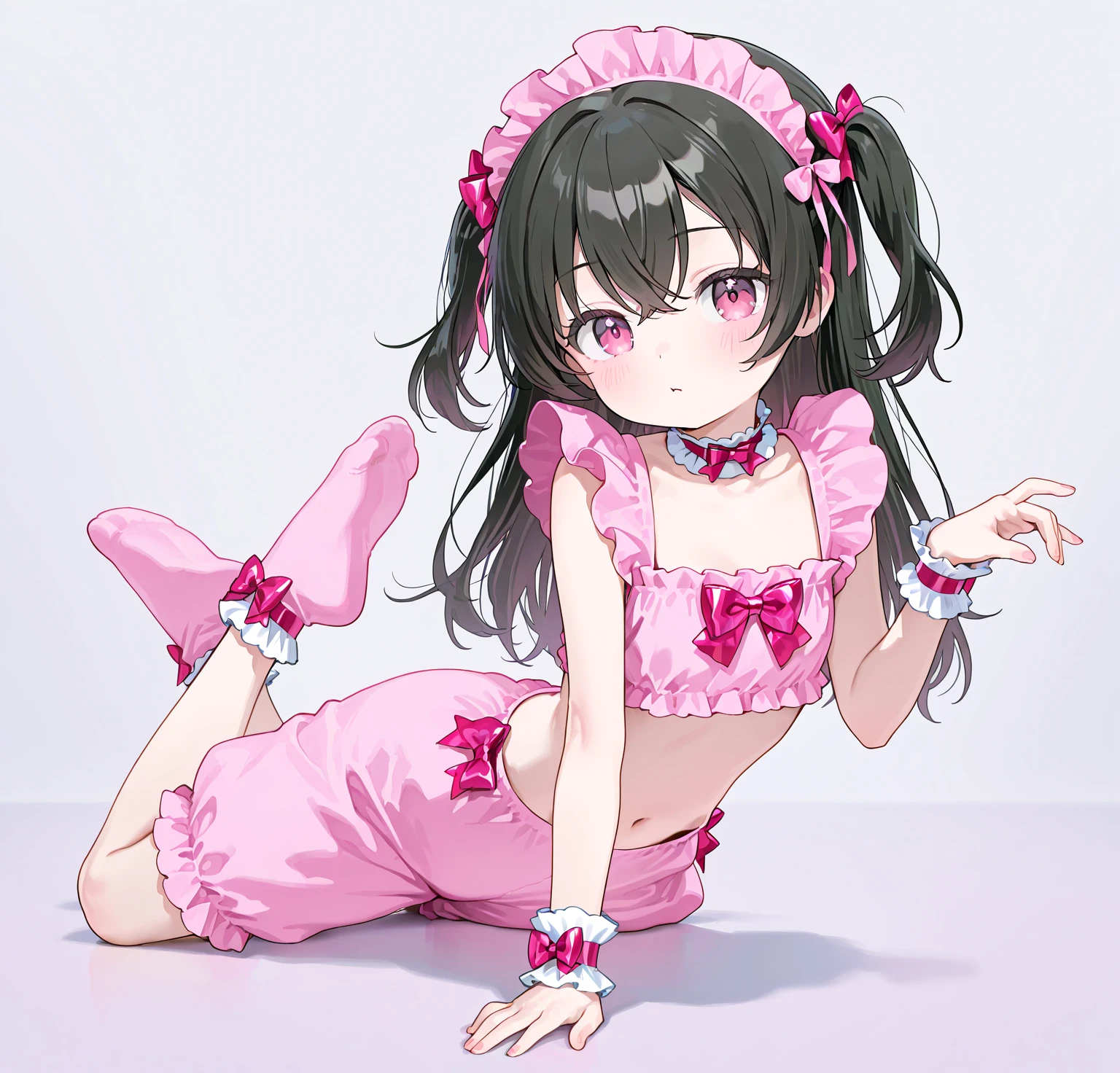 1girl, (loli), cute daughter, happy, short hair, twintail hair, cute pink mini dress, upskirt, spread cameltoe, (cum inside pussy), (cum inside white panties side tie), white background