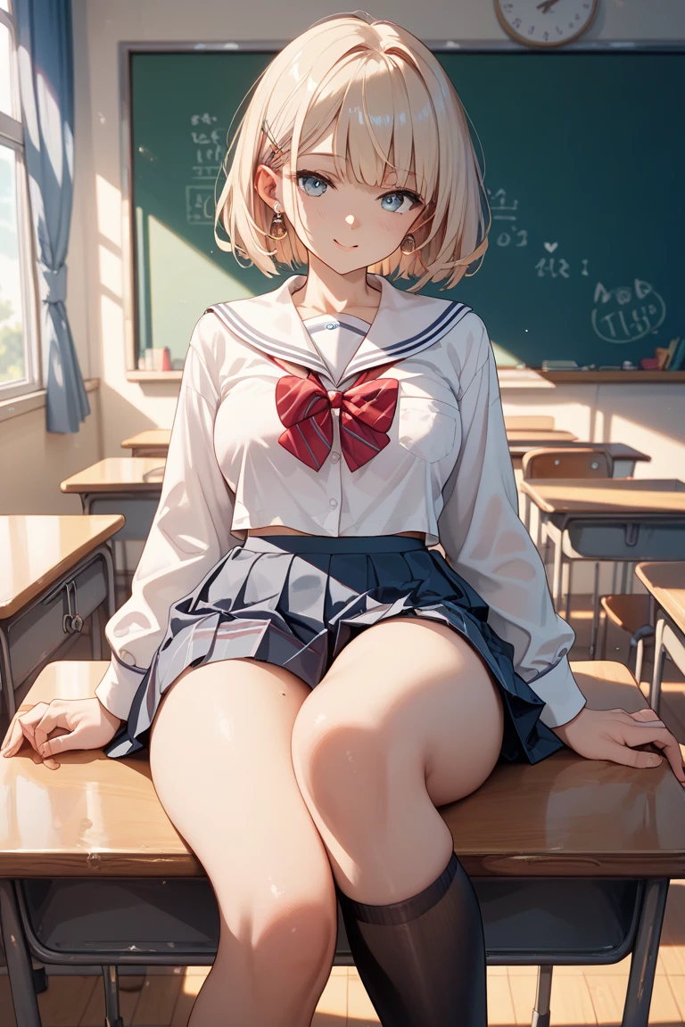 masterpiece, highest quality, High resolution,  short hair， Short skirt、Drooping eyes，barefoot，Looking up，Embarrassed face，Angle from below、Small breasts、Sailor suit、Polka dot underwear、Peace sign next to face、In the classroom、The legs are thin、soaked、Hair color is black、Wear a flower headband on your head