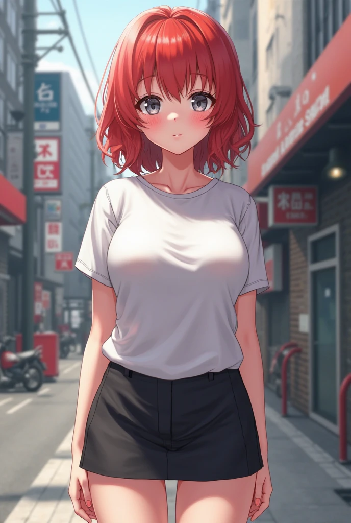 Red hair short-haired, white collar sleeve short clothes, shorts, pantyhose, girl, outdoor, tech sneakers