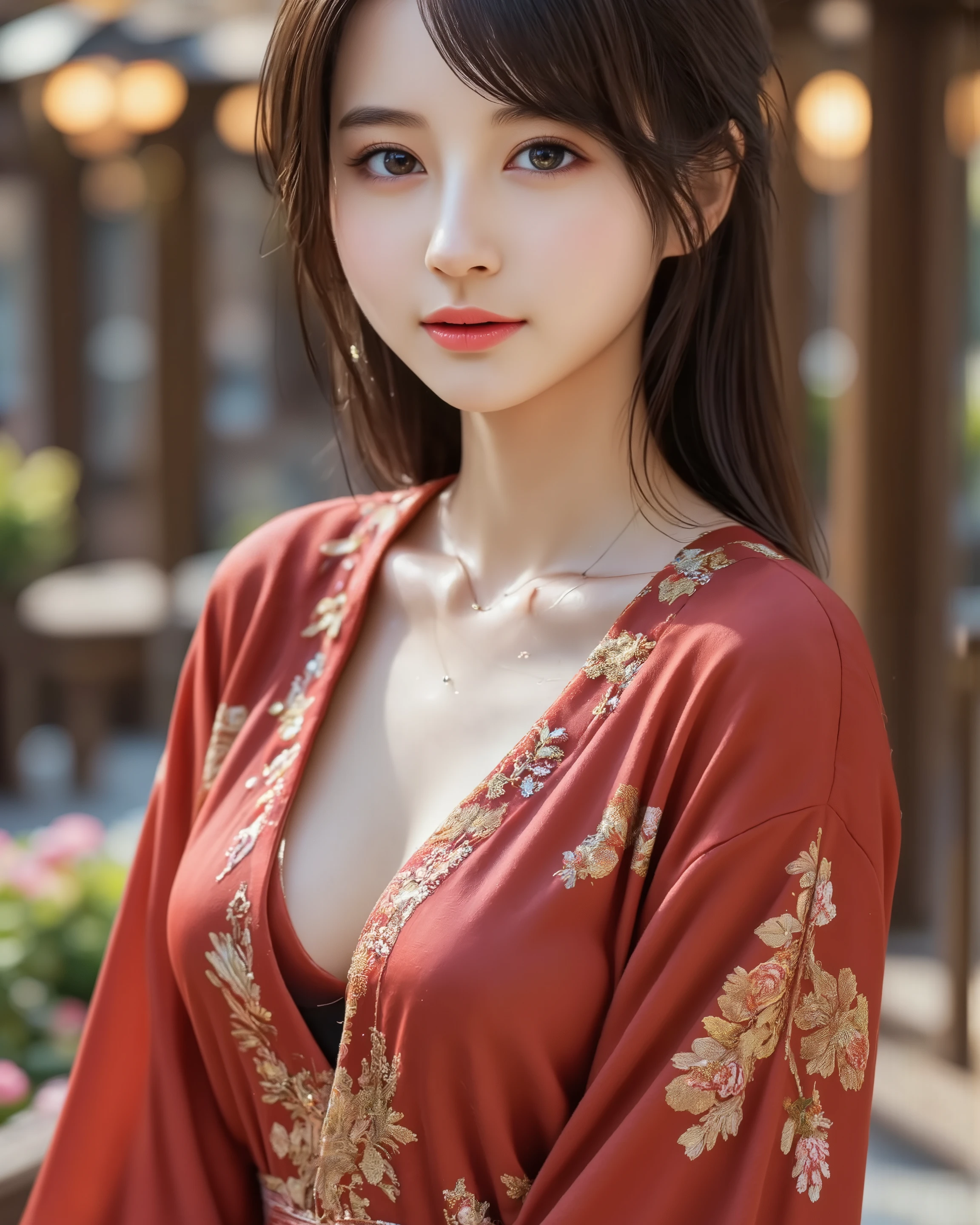 (8k, highest quality, masterpiece:1,2), (realistic, Photoreal:1.37), Super detailed, one girl,), (very detailed), (Detailed and beautiful eyes), (highest qualityの), (Super detailed ), (masterpiece), (detailed face),woman((19 years old)), hair((red, wavy, length)), eye ((Red eye, Big Eyes)), Clothes((kimono，big slit, Red floral pattern)), emma \(ax\), 和Clothes, kimono, super long hair，Black hair straight, Haori, 