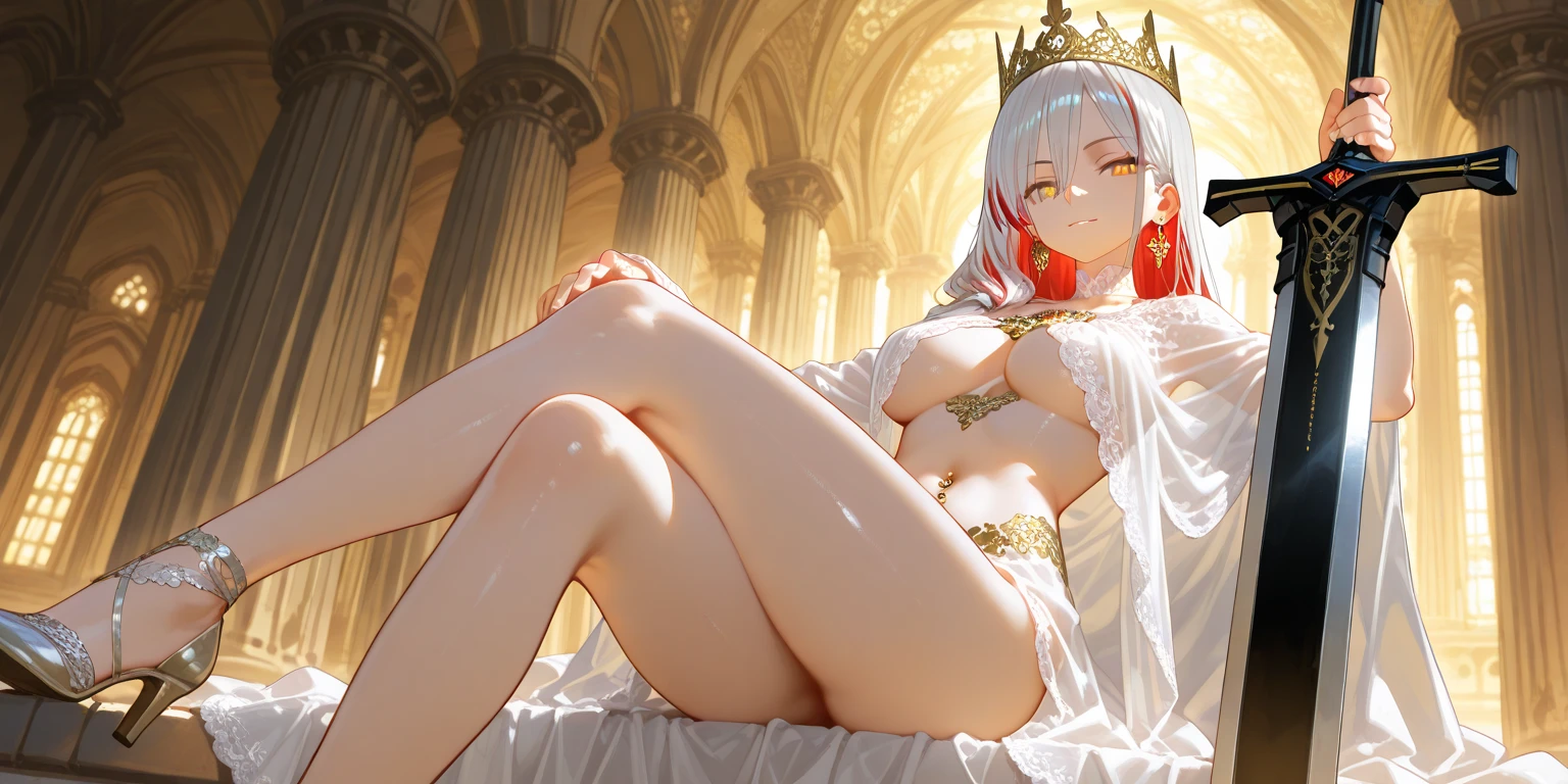 Silver long hair, red eyes, dark skin, big breasts, gold headdress, gold necklace, gold jewelry, white evening dress, sandals, palace, sitting on the sofa, white rose petals