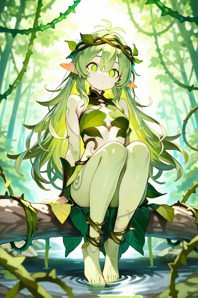 (masterpiece, best quality), anthropomorphic tuberous plants girl, beautiful, resting on a flower pot, roaming the magical rainforest, lush vegetations, natural lighting