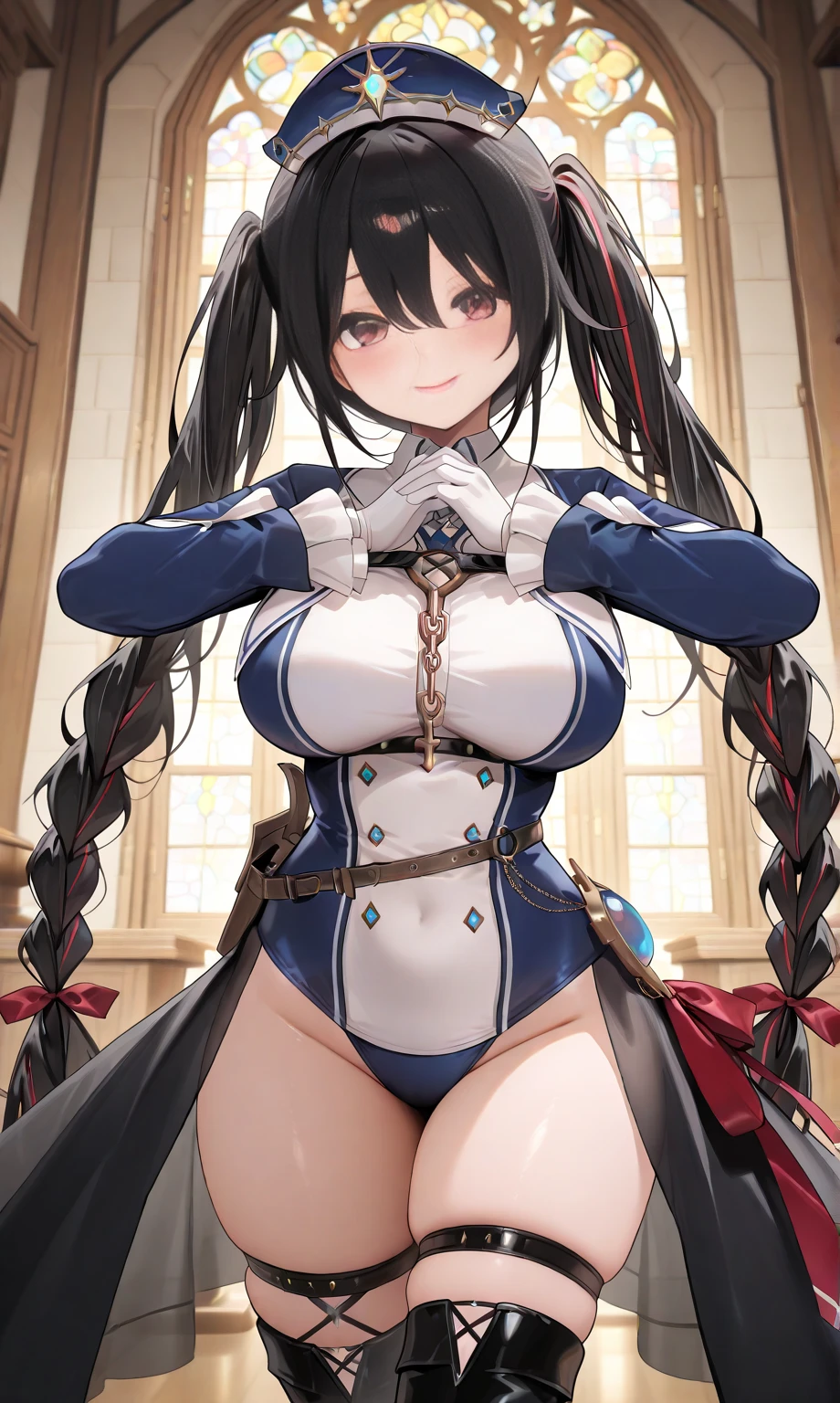 (Masterpiece, 8k, Best Quality, Highly detailed, depth of field:1.4), 1girl, black hair, black pantyhose, blue eyes, blue headwear, breasts, capelet, gloves, flinlock gun, hair between eyes, handgun, hat, hat feather, holding, holding gun, holding weapon, aiming at viewer, large breasts, long hair, looking at viewer, pantyhose, ponytail, revolver, shirt, skirt, solo, standing, thigh strap, weapon, white gloves, (skirt lift:0.8), panties, blush, seductive face, licking lips, sly smile, shy face, questionable, nsfw