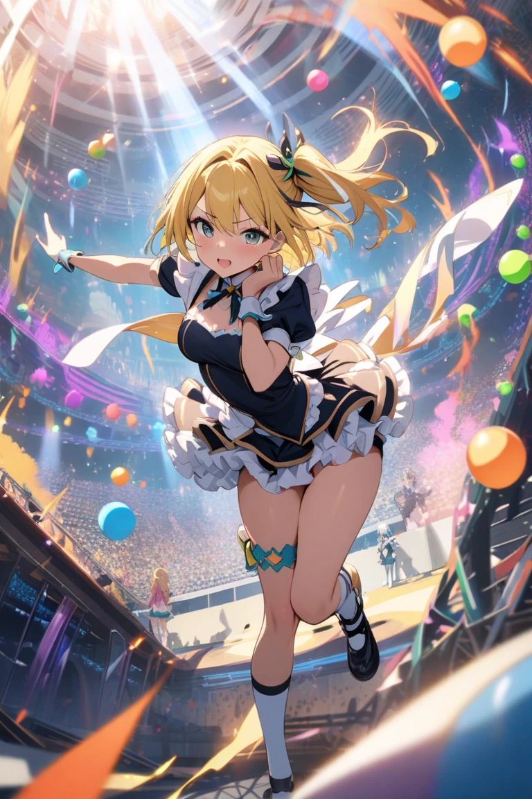 ((Highest quality)), ((masterpiece)), (detailed), image of anime video game character dressed in an outfit with a short skirt, 1girl, cheerleader, pom pom (cheerleading), underwear, panties, skirt, 独奏, recording, breasts, white panties, standing on one leg, open mouth, crop top, underboob, standing, pleated skirt, hair ornament, split, blush, thigh strap, blonde hair, black skirt, looking at viewer, multicolored hair
