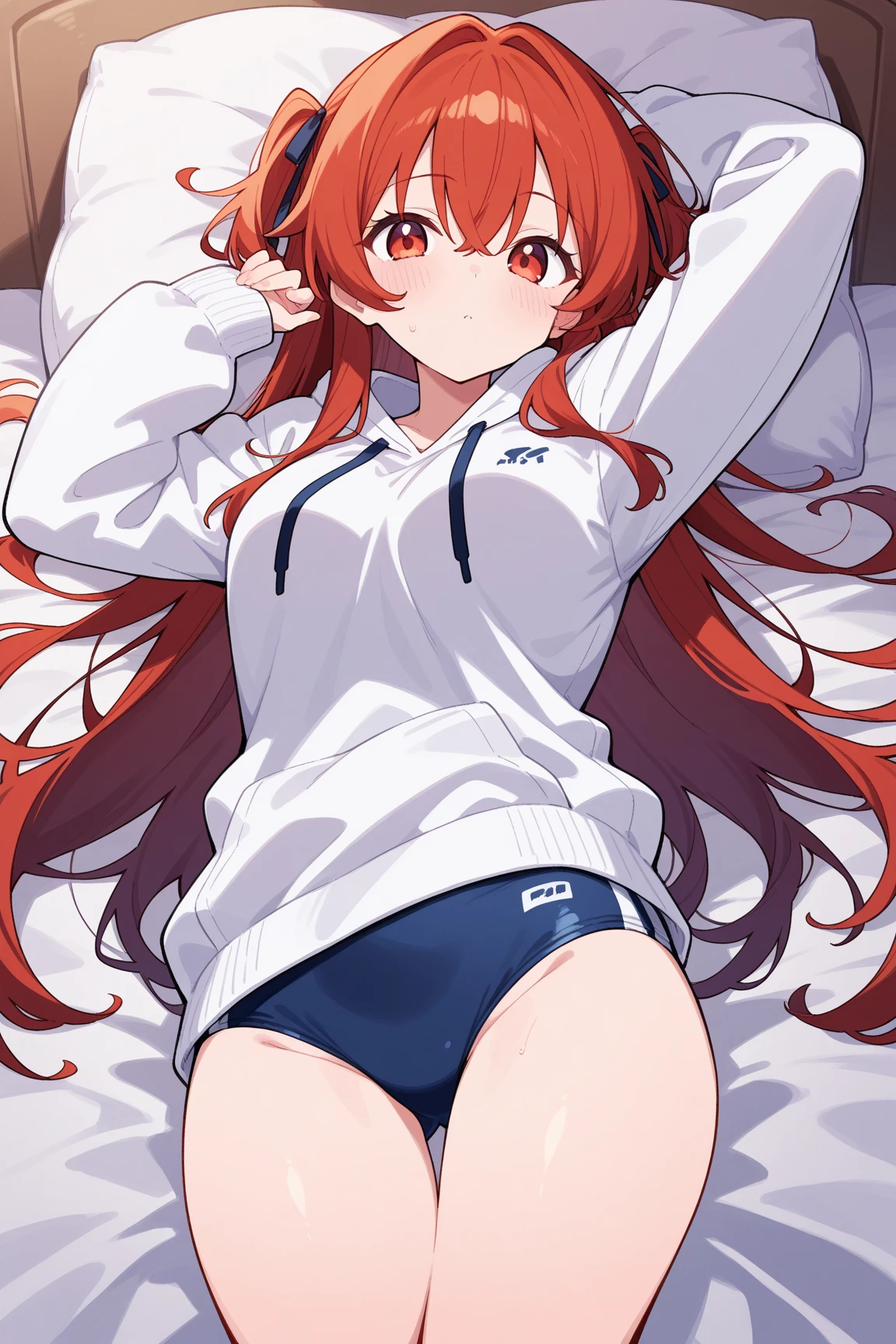 Beautiful girl, one, anime, ginger, bed, girlfriend, oversized T-shirt, panties, laying down, happy, big tits