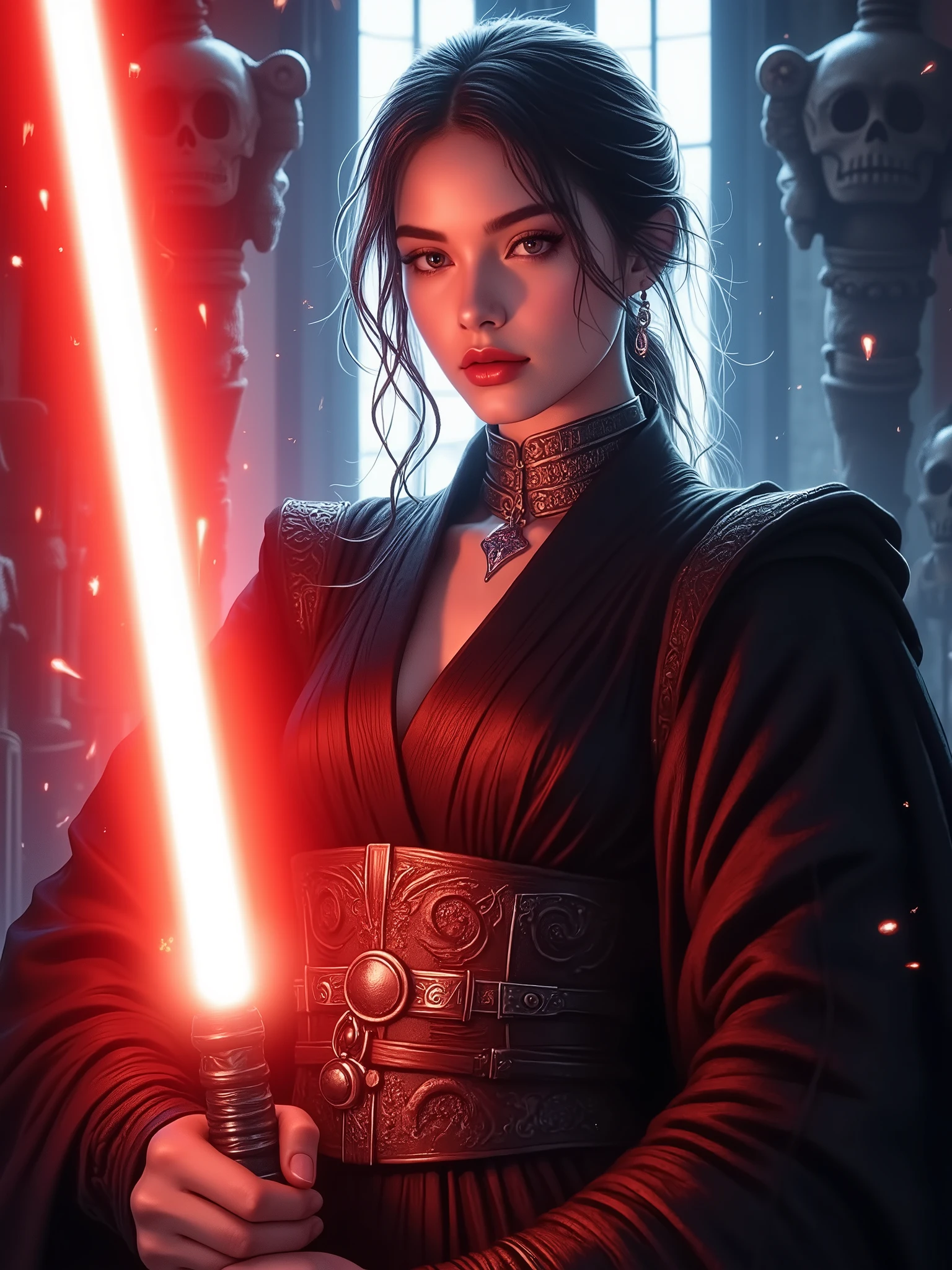Score_9, score_8_up, score_7_up, ((highest quality)), ((masterpiece)), (be familiar with), Perfect Face, (High definition), (Best Shadow), 8k, cinematic, (Realistic:1.4),dramatic. Luis Royo's style, A striking scene with a stunning girl posing confidently in a dramatic setting. Her outfit consists of a black Sith-style robe, with a detailed leather belt featuring intricate designs. She is holding a glowing red lightsaber, illuminating the surroundings with a warm light. A pendant hangs around her neck, complementing the overall theme. She is fighting a screaming ghost. The backdrop is a dimly lit, mysterious environment with abstract structures and dim lighting that adds intrigue. The lighting casts soft shadows, creating a captivating and intense atmosphere.