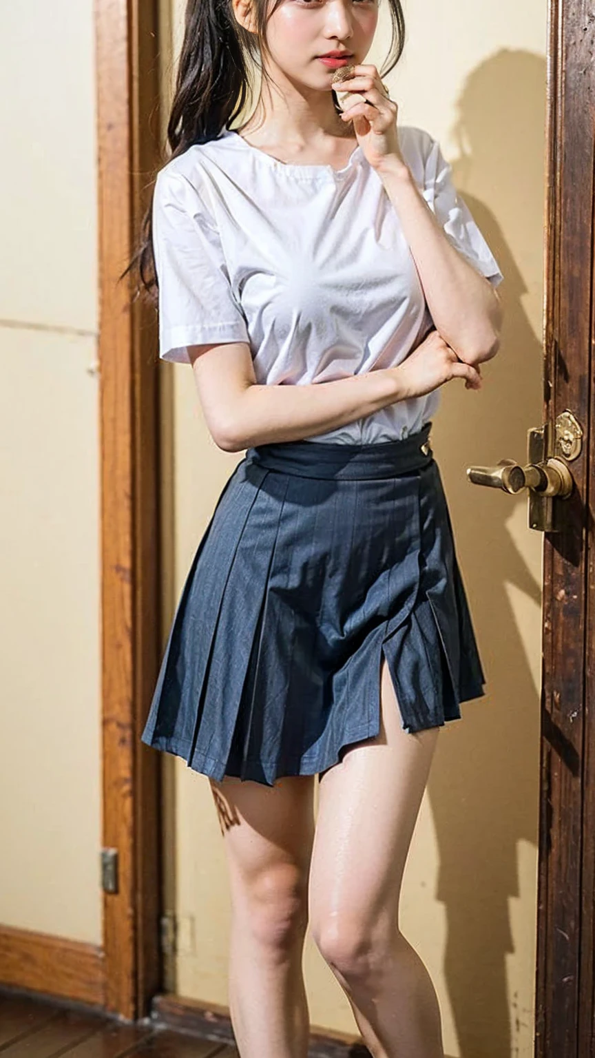 ((masterpiece)),(((最high quality))),(((((Full body shot of a girl taken from the floor:1.7))))),((Photograph the whole body from knee height:1.6)),((((((Please stand up straight with your legs together:1.9)))))),((Thin thighs)),((Long legs)),(((Girl standing in a school classroom:1.7))),(((Micro Mini Skirt Uniform:1.6))),((expensive:1.8)),((Japan in summer uniform:1.8)),((Wearing a red tie:1.5)),Wearing a white shirt with short sleeves,Her erect nipples are clearly visible under her clothes...,(Blue checked micro mini skirt:1.2),(:1.3),bangs,A small smile,((cute女の子)),Slender girl,Black Loafers,((short white socks up to the ankles,,,)),cute,The thigh area below the groin is slim and firm,cute,Black hair ponytail,Thin legs,スリムなModel body type,Very small waist,Small hips,Long thighs,Thin thighs,Thin hands,Long hands,((((Photograph the whole body from below:1.5)))),(((((k-popのIVEのWONYOUNGにそっくりの女の子:1.9))))),((Keep your whole body facing straight ahead:1.8)),((背がexpensive:1.4)),(Stand with your legs straight without bending your knees:1.7),((Please stand up straight:1.7)),((turn your hips forward:1.7)),The ankles are super thin,beauty,Fine skin,Firm Skin,引き締まったThin legsの肌を細部までリアルに再現,Very detailed, Attention to detail,high quality,Awards,High resolution,(Anatomically correct:1.3),(8k,RAW Photos,最high quality,masterpiece:1.5),(((女の子をPhotograthe whole body from below:1.5))),Height 173cm,((脚を揃えてPlease stand up straight:1.7)),((脚を揃えてPlease stand up straight:1.7)),(((Keep your back straight:1.8))),((I'm looking forward to:1.2)),8頭身beauty,Model body type,((Inseam is half the height:1.3)),(Thin thighs),((k-popのIVEのWONYOUNGにそっくりの女の子:1.5)),RAW Photos,Firm Skin,Fine skin,toned muscular legs,Attention to detail,Vivid,Skin Texture,Genuineな皮膚感,Perfect composition,beautiful,Very detailed,High chroma,Genuine,eyeliner,eye shadow,expensive鼻,Small nostrils,Small Mouth,Seductive lips