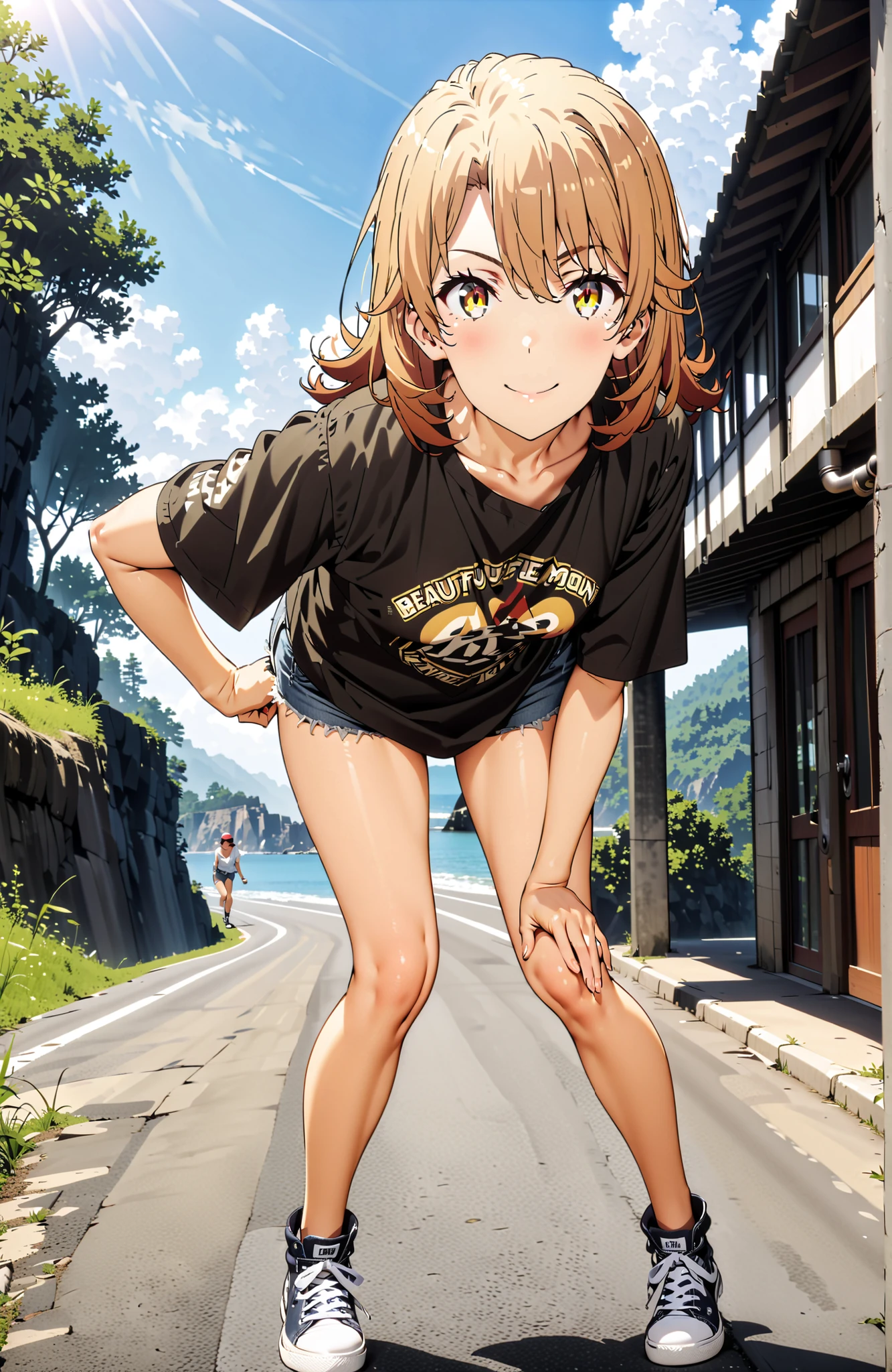 Iroha Isshiki,solo, Hair,half up do,short hair,brown eyes in the bedroom,oversized t-shirt,denim micro shorts,Bare legs,sneakers,Baseball hats,standing,bending forward,peace sign,smile,blush,grinning,Beautiful Scenery,noon,summer,in their 40s outdoors,Coastal Road,strand,
in their 40s looking at viewer,full body,
in their 40s (masterpiece:1.2), best quality, high resolution, Unity 8Kの壁紙, ( 's art :0.8), (beautiful detailed eyes:1.6), very detailed face, perfect lighting, Highly Detailed CG, (perfect hand in h, Completed),