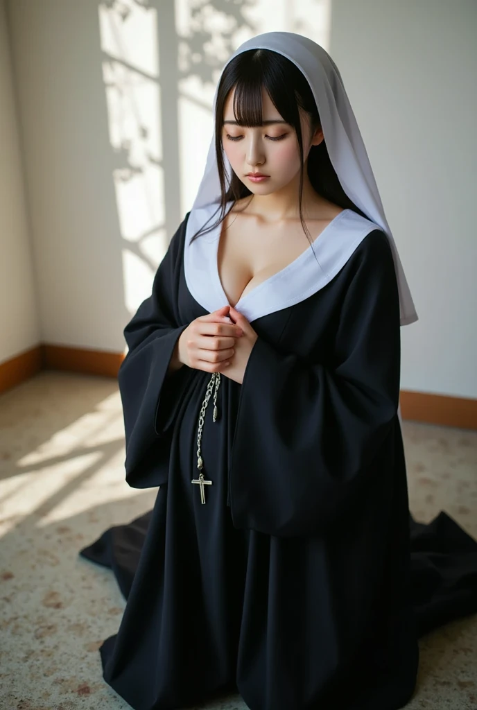 1 girl、Pure nun outfitを着た美女が自分のスカートを持ち上げ、Wavy blonde long hair、blue eyes、white skin、Slender but big breasts、healthy thighs、Pure nun outfit、Gorgeous costumes with detailed details、rosary、Very naughty panties.Inside the church、cowboy shot、anatomically correct、precise fingers、Accurate Lymbuster Pieces、Photorealization、