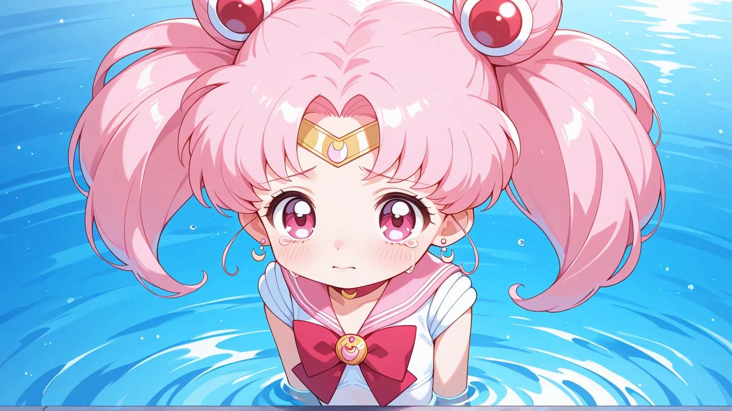 ((sticker-style illustration for print with 1girl, minimalism,)), simple background, clean:0.9, lineart, vector, tsukino usagi, bath sit a wooden bucket, looking at the viewer, ((soap foam over the body)), blush, (nude, naked body, ), circle frame, smile, ((soap foam on breast)), river from background, white background, 
