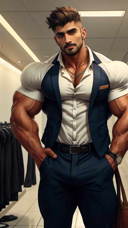 Only chest to thighs view, Front open Office suit and showing hairy chest close up focus on press down bulge by hand wetty bulge indian perfect wetty big hairy monster bulge in pant, masterpiece