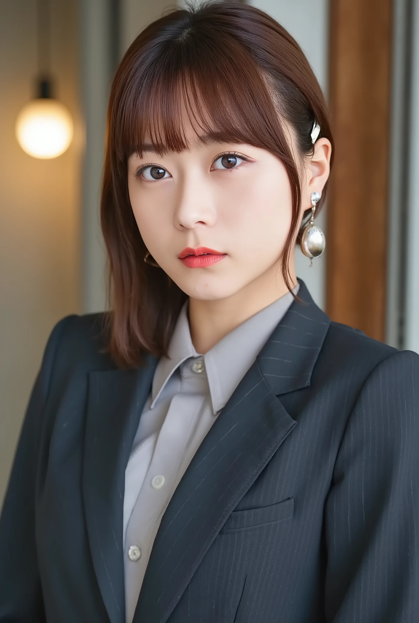 A neat and clean young woman、office lady suit、jacket、shirt、necklace、and look at the camera、hairstyle shortcuts、 pale brown hair、 無表情、、ear piercing、upper body、Background is in a room、