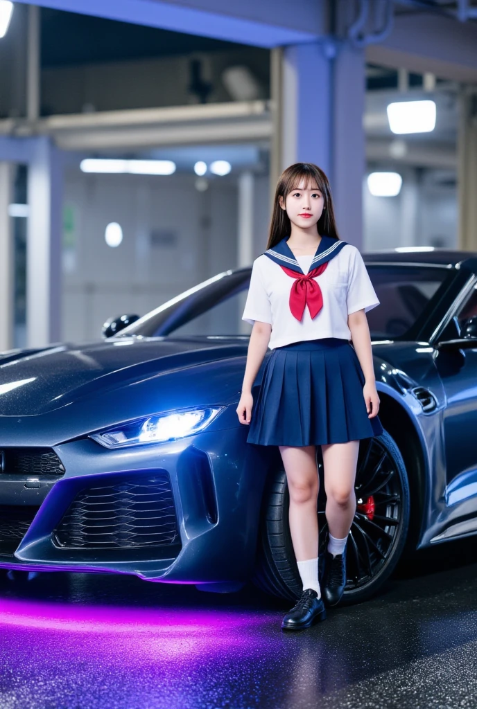 Stunningly beautiful Japanese high school students in traditional sailor-style uniforms stand confidently next to a stylish glossy red convertible hypercar. The car has an aluminum bonnet with aerodynamic vents, an opening roof and sharp avant-garde curves. The headlights glow a cool green blue and the car is equipped with distinctive sea-blue alloy wheels, upholstered in low-profile black Michelin tires. Purple and electric blue underfloor neon lights illuminate the floor below, enhancing the distinctive appearance of the car. The body has a special gloss, reflects the city lights and decorates the interior. With delicate racing stickers And high-tech motifs. The night city backdrop features neon signs, wet streets, and a cinematic atmosphere full of color and movement.