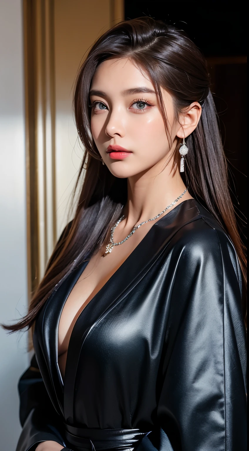 (((best quality, 8k, masterpiece: 1.3))), (((gigantic tits: 1.9))), (((silk black shirt)))