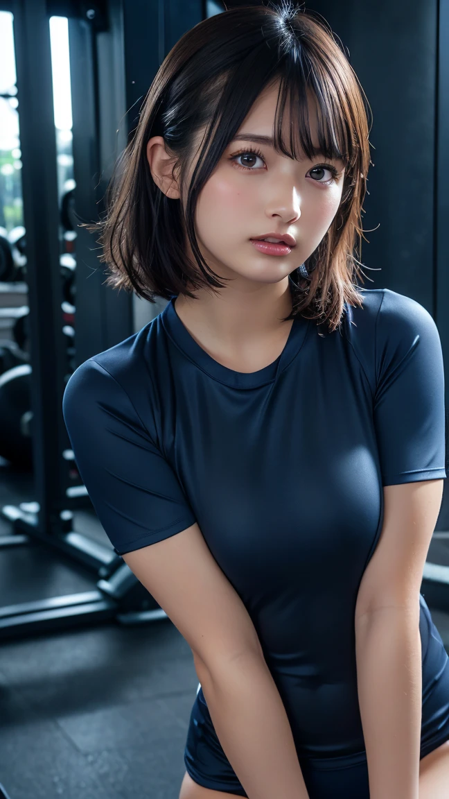 1 beautiful girl, alone, Sportswear, masterpiece, highest quality, Realistic, Very detailed, (Shiny skin, Sweaty:1.4), Absurd, Looking at the audience, Short black hair, Brown eyes,  High resolution, Sharp focus, Written boundary depth, Fine Eyes, Sharp pupils, , (Thick thighs:1.0), Gym, Mouth half open、18 ～ Random Age: 35