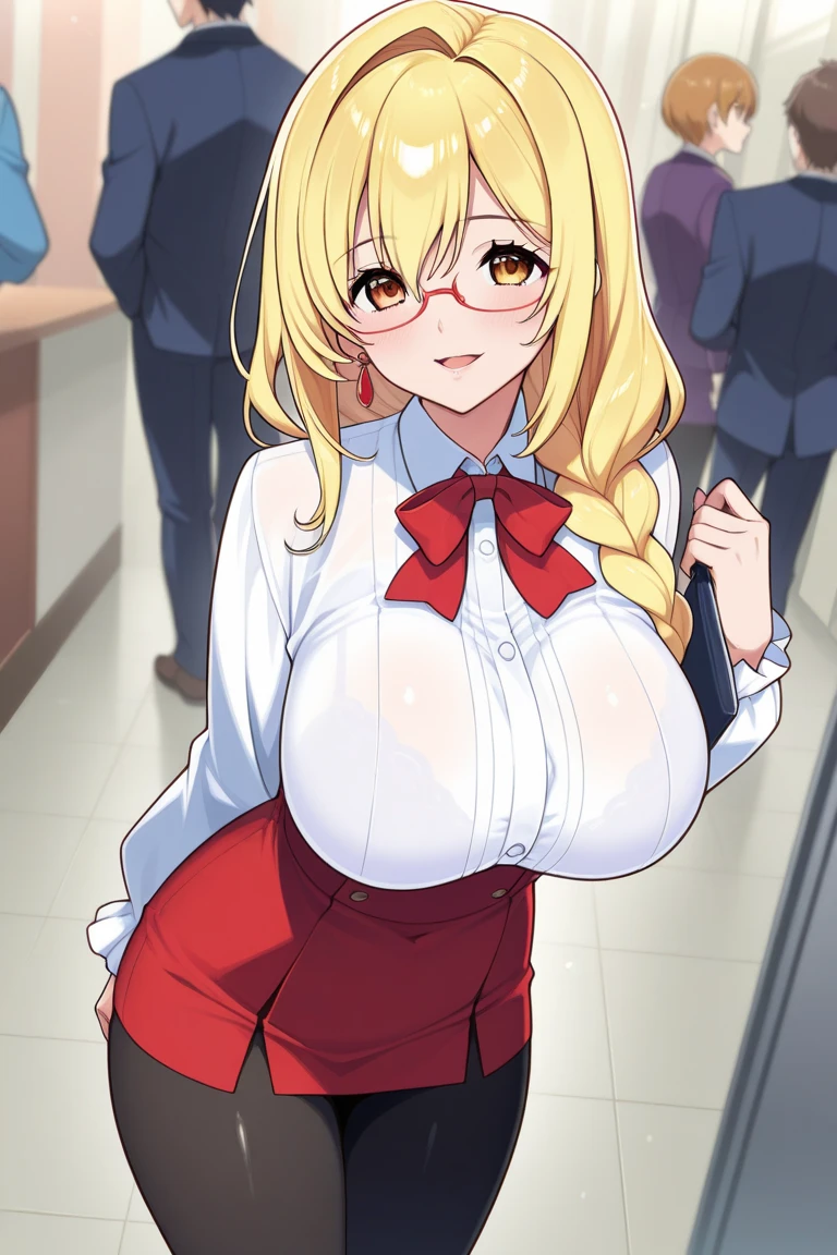 ((masterpiece, best quality, 4k)), 1girl, cowboy shot, huge breasts, pink eyes, long blonde hair, gyaru, arms behind back, manga, pink micro skirt, chromic aberration, detailed illustration, seductive pose, leaning forward, light smile, cleavage, tie top, pink bow tie, indoors, pink flowers, thick lips, pink bedroom background, plant, window, light particles, (cute face), thick thighs, realistic, below, leopard print,(a girl is having ???:1.9)