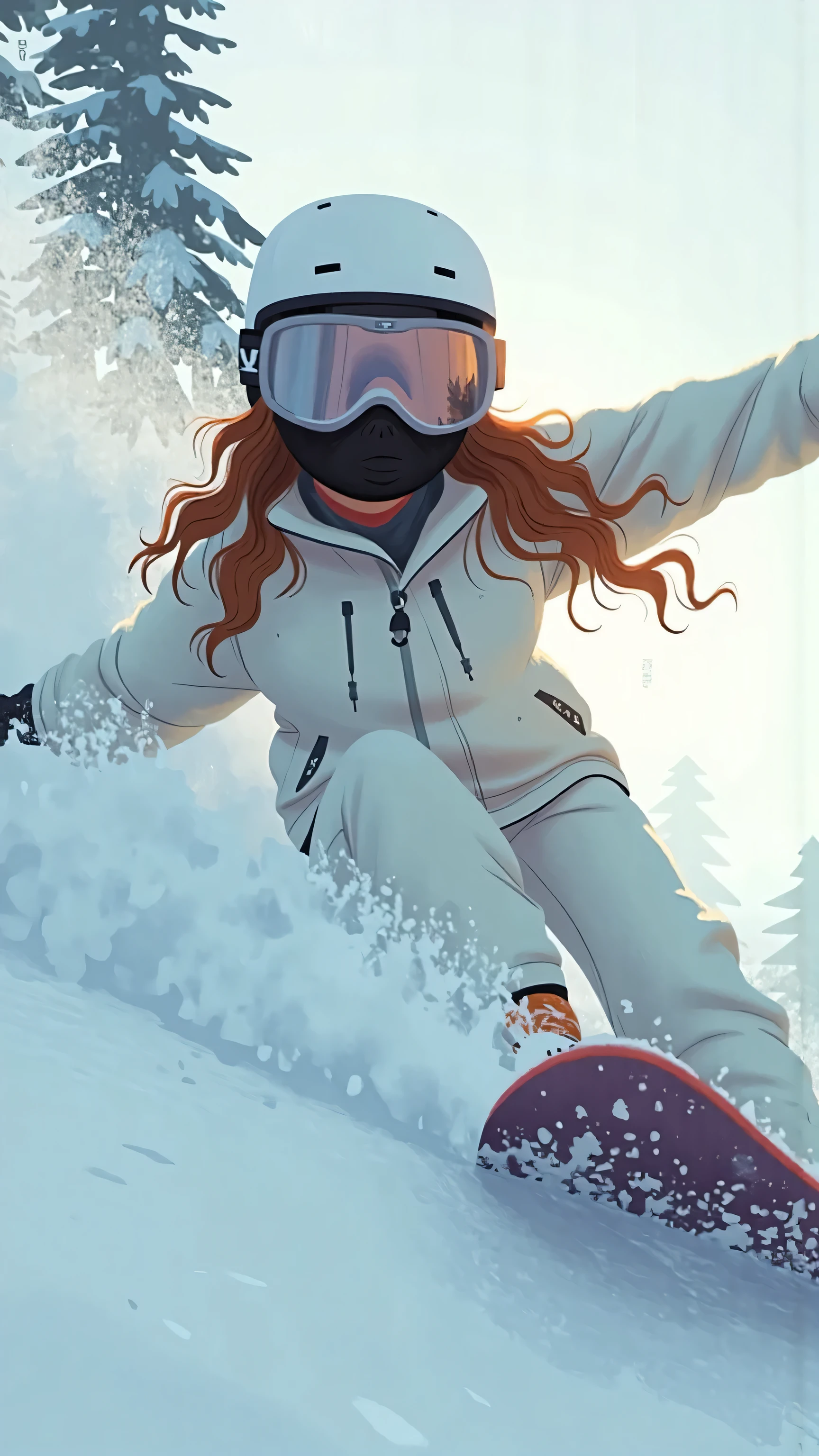 telephoto lens,Sporty snowboarders for women(, long wavy brown hair slides out of the brim, black mask,Wearing a white ski jacket, white helmet )Cutting snow on a steep slope,Flying snow powder spreads,overcast skies, dynamic blurry ,High contrast movie lighting,Mirrored goggles reflect soft light,Wide scene composition,Highlight snow texture and silhouette effects,illustration,Aletai Jiangjun Mountain。