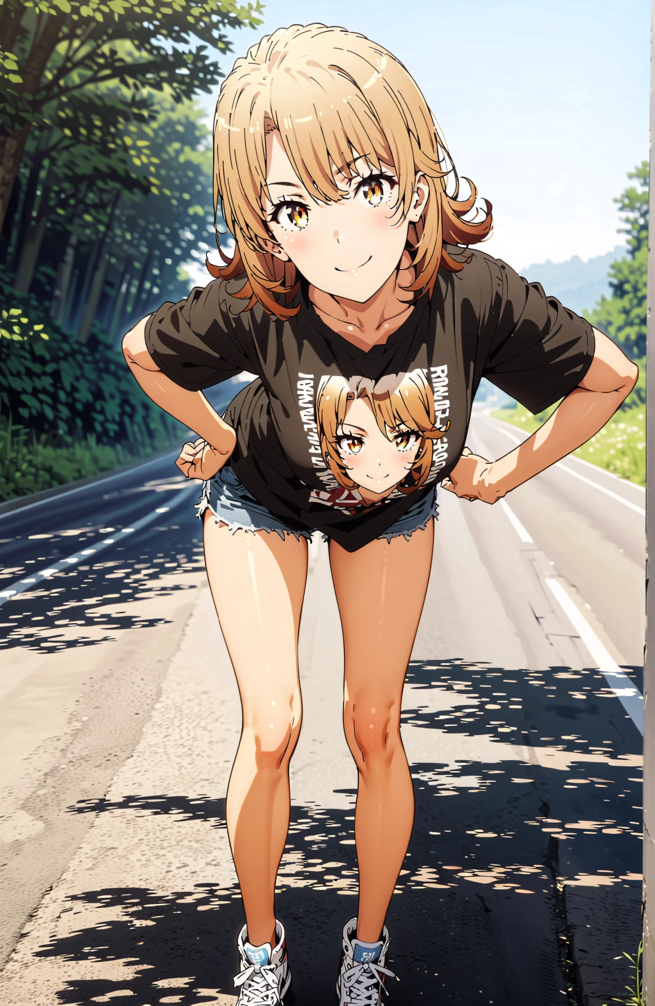 Iroha Isshiki,solo, Hair,half up do,short hair,brown eyes in the bedroom,oversized t-shirt,denim micro shorts,Bare legs,sneakers,Baseball hats,standing,bending forward,peace sign,smile,blush,grinning,Beautiful Scenery,noon,summer,in their 40s outdoors,Coastal Road,strand,
in their 40s looking at viewer,full body,
in their 40s (masterpiece:1.2), best quality, high resolution, Unity 8Kの壁紙, ( 's art :0.8), (beautiful detailed eyes:1.6), very detailed face, perfect lighting, Highly Detailed CG, (perfect hand in h, Completed),