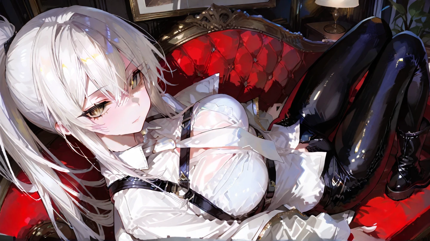 NSFW, ((Masterpiece, best qualtiy))，arlecchino, arlecchino from genshin impact, exquisitedetails，Fine background，Delicate light，Ray traching，Perfect texture，one-girl，White shirt，Black super shorts，Black band on upper body，Strangle，leg loops，Black stockings，black military boots，Red pupils，Glowing pupils，Exquisite facial features，long leges，Elaborate Eyes，Disdainful eyes，evilsmile，Gloomy environment, voluptuous figure，big tits,  Big breasts and thin waist，Tall guy，抖S，Royal Sister，full body shot shot，Be red in the face，White skin, white hair，Red pick dye，Only a pair of rabbit ears，Narrowing of the skin，Strangulation，mitts，Black clothing，Foot shot，Seductive action，inside in room，sit on chair，Hold your cheeks with both hands，Look down，Positive perspective，Show the legs，Show tits，Show feet，blackstockings，Erlang legs，Wearing military boots on his feet，Show off your shoes，Reasonable limb position