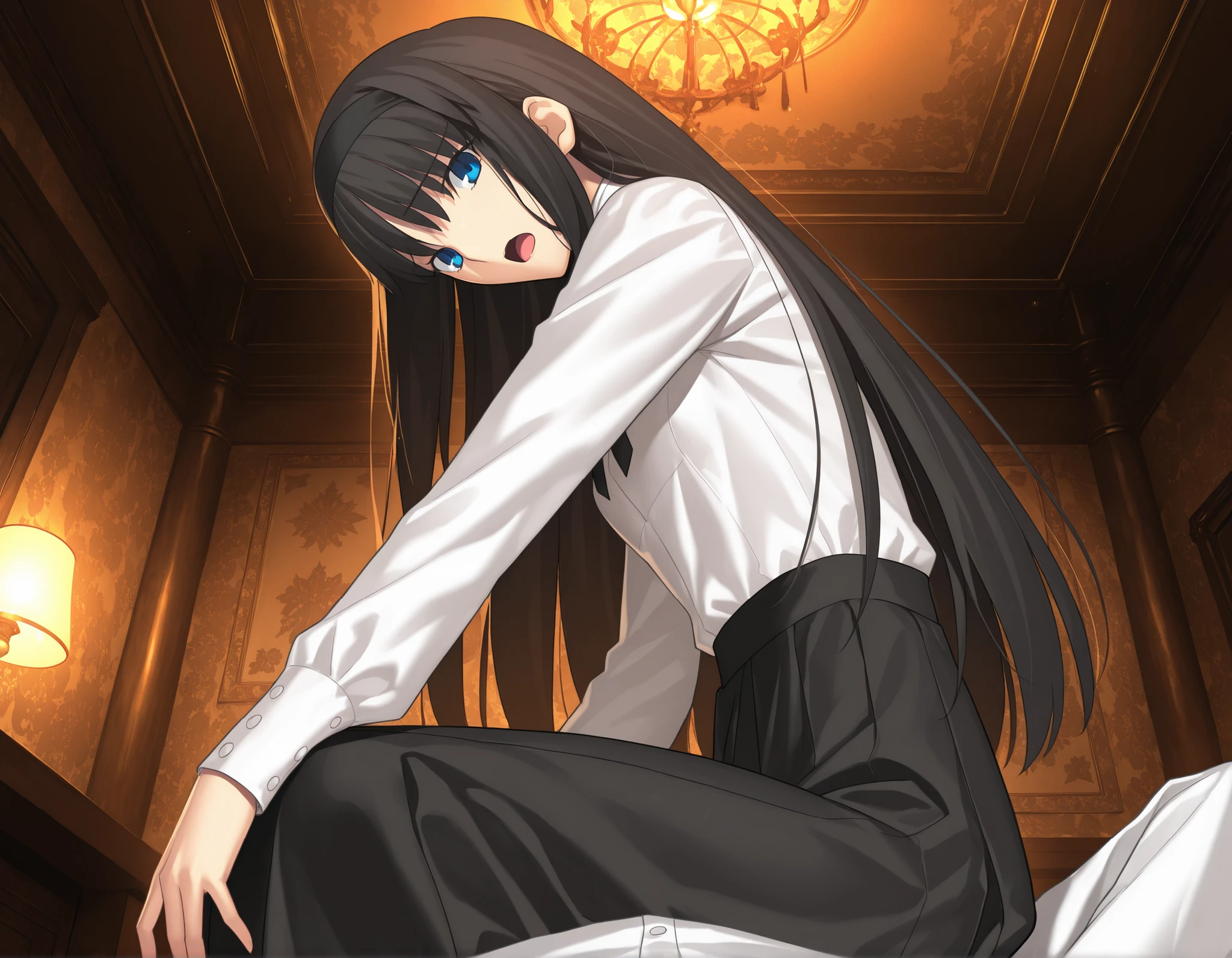 masterpiece, , absurdres, highres, detailed background, high resolution, masterpiece, necessary, detail, best quality, quality, necessary, details, High details, Precise, indoors, hotel room, medieval interior, gothic, from side, from below, close up, pov, headpated,
1girl, , Takeuchi Takashi (type-moon,tsukihime) style, takeuchi takashi style, (aged up:1.5), sitting,((head tilt)), reaching, worried, anxiety,
tall girl, mature, Akiha_Tohno, (tsukihime), black hair, bangs, long hair, blue eyes, , ,black headband, straight hair, tsurime, ,,
(white shirt, black long skirt), black ribbon, (small breasts, flat chest), ,light open mouth, looking at viewer, ,