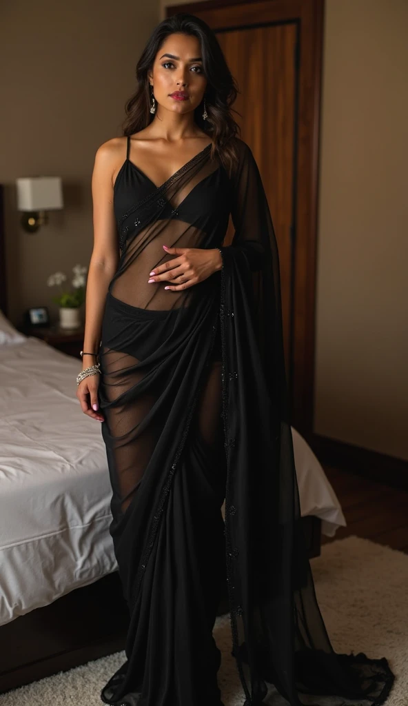 An Indian actress Mouni Roy,fair skin women,standing on doorstep,posing, wearing sheer fabric saree, transparent texture,black saree, dramatic lighting,front lighting on face,dimond Bengals on hands, braided long hair, medium breasts,slim waist,one hair string falling on face,highly detailed face, perfect eyes,and lips , ultra realistic, realism, 16k textured skin 