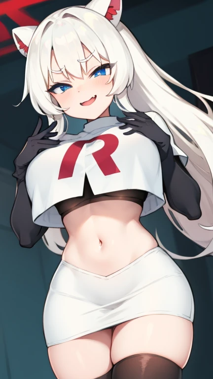 (Realistic painting style:1.1), masterpiece, best quality, absurdres, looking at viewer, solo,kallen kaslana (sixth serenade), kallen kaslana, white hair, ahoge, 1girl, solo, blue eyes, braid, looking at viewer, gloves, smile, long hair, braided ponytail, bangs, hair between eyes, (large breasts:0.8), hair ornament, single braid, team rocket,team rocket uniform,white skirt,red letter R,crop top,black thigh-highs,black elbow gloves,