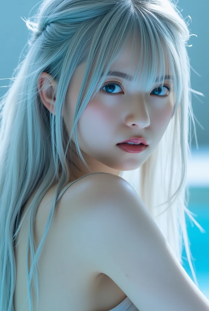 (Highest quality、4K、8K, masterpiece:1.3), Ultra detailed face, Detailed lips, Detailed eyes, double eyelid,
BREAK,
(from below:1.2), (Looking down:1.5), (close up:1.25), (Seductive pose:1.5),
BREAK,
1girl, 18 years old, smile, short height, tachibana kanade, silver hair, short height,
BREAK,
(yellow eyes), ((white hair, long hair, bangs, hair pulled back)),
BREAK,
Japanese one-piece swimsuit, in the pool,