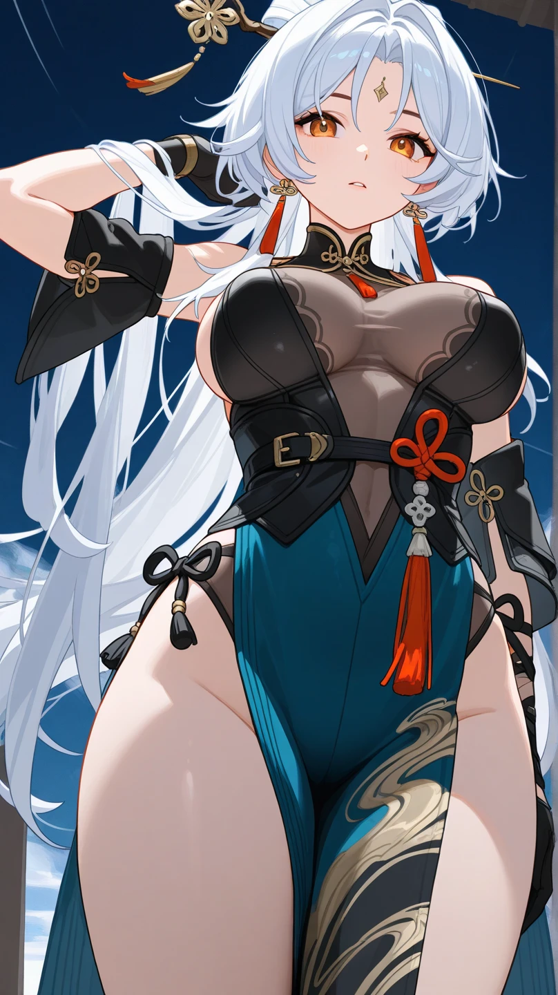 realistic image, coherent image, detailed image, 1 beautiful girl. She has silver hair, long hair. Blue-gray eyes, long eyelashes. Her face is oval and delicate. smiling seductively. She is wearing a big sweater. She has a curvy body, medium breasts and thick thighs. She is showing her thong. view of her full body. cherry petals falling. natural lighting in front, volumetric lighting,