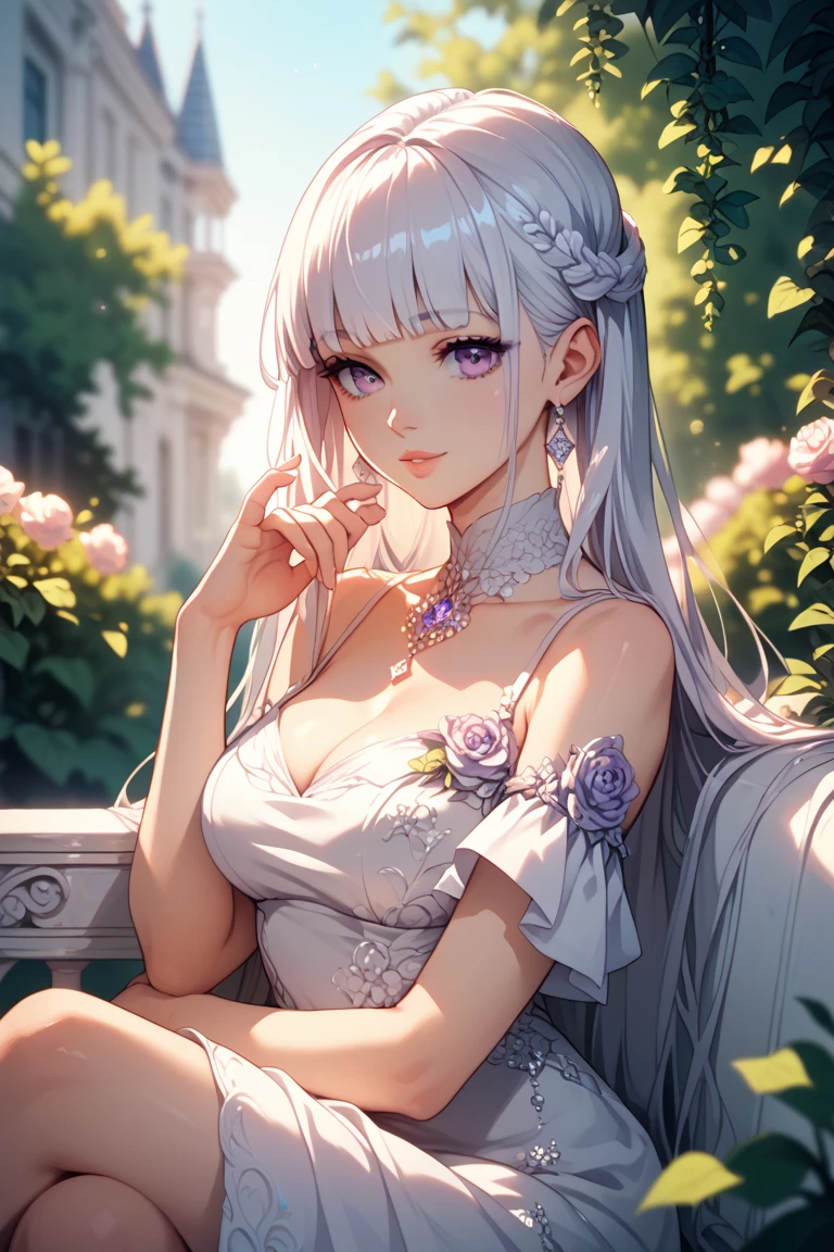 (Thin eyebrows)、(((((Mouth closed)))))、((Very strong sunlight))、((((Beautiful silver hair))))、((Small Head))、(Beautiful silver hair with short wavy:1.2)、Full Body Shot、(((8K, Raw photo)))、 (((The face is that of cosplayer Enako))),(Shot from above in highly detailed 8K)、(Very delicate and beautiful)、(masterpiece)、(Highest quality:1.0)、(超High resolution:1.0)、Realistic Shadows、[High resolution]、 Detailed skin、Ultra-detailed、(Beautiful Hair)、Photorealistic、A vivid face、Big breasts and small waist、Realistic eyes、Small eyes、Looking at the camera、(((Between the breasts)))、(eyeliner)、(mascara)、 Pink lips、((Looks very happy))、Show your shoulders、Intricate patterns and transparent materials、Artistic depiction of a seductive woman, Accentuating her attractive silhouette。The scene was、Basking in the hot sun、It makes you feel the delicate beauty and charm of nature.。(((Intricate details))、Advanced Details、choker、Browsing Caution,((Highest quality、8K、masterpiece:1.3))、Sharp focus:1.2、 (((Patent purple and silver corset)))、((On the buttocks))