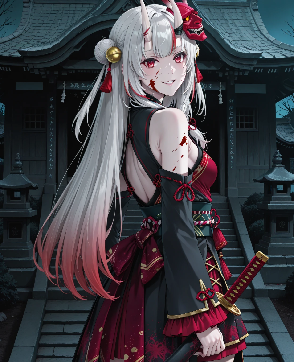 (best quality:1.4), (best lighting), (best artist:1.3), (best desinger), (best scenario), (1boy), long white hair, (shimmering red glowing eyes:1.2), cinematic lighting, abandoned place scenery background, wearing old samurai robes (with some blood splatters:1.1)