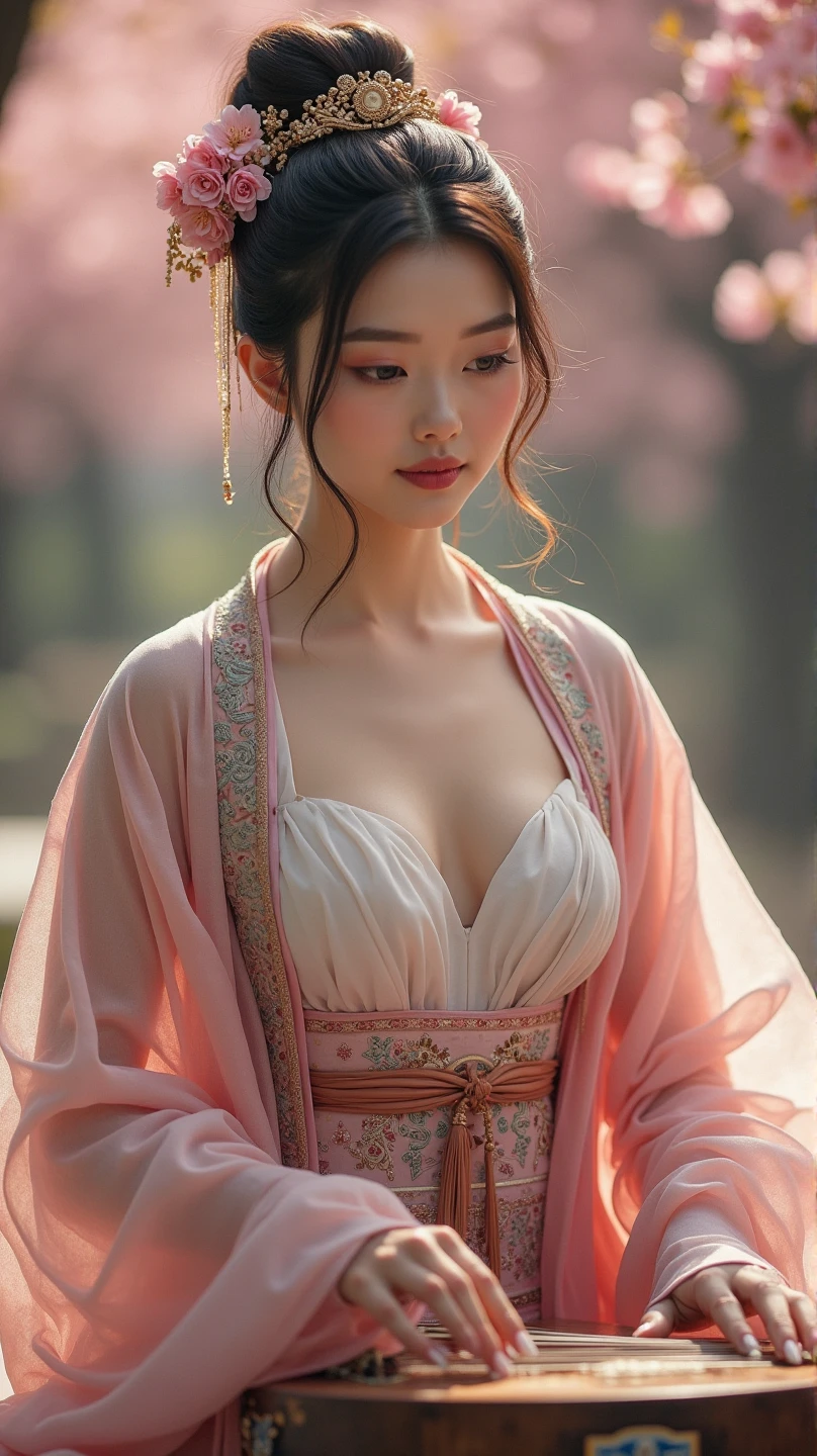 (Small lower chest,small heads)), (perfect bodies: 1.1),(Black hair:1.5),(极其细致的CG 8k壁纸），（Extremely refined and beautiful），（Masterpiece），（best qualtiy：1.0），（超高分辨率：1.0）,[A high resolution],cheerfulness,Smile,(Smooth and flawless fair skin:1.5),(Shiny skin:1.5),(Exquisite makeup:1.3),ultra - detailed,A beautiful Korean girl,(Big breasts:1.8),(Cleavage:1.8),(bare breasts:1.8),(Towering chest:1.8),Slim,emaciated,(Gorgeous see through hanbok with White top and pink dress:1.5),Autumn, In a residential area,High-rise residential building,on the garden,On the path,(standing:1.5),(Holding a bouquet of flowers in front of both hands:1.5),(upright from front:1.5),Upper body,(Close-up Shot Shot:1.3),(Cowboy shot:1.3),(front portrait:1.5),Morning,(Daytime scene:1.5),Bright sunshine,