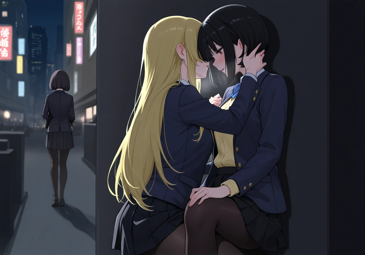 (masterpiece:1.37), best quality, (extremely detailed:1.37), 2girls, kiss, yuri, woman, (mature:1.5), (adult:1.5), large breasts, very long hair, (straight hair:1.5), dark purple hair, blonde hair, purple eyes, blue eyes, (extremely detailed eyes:1.37), hoodie, jeans, desperation, (wetting self:1.5), standing, embarrassed, humiliation, blushing, angry, city, futuristic, neon lighting, high-tech, street, skyscraper