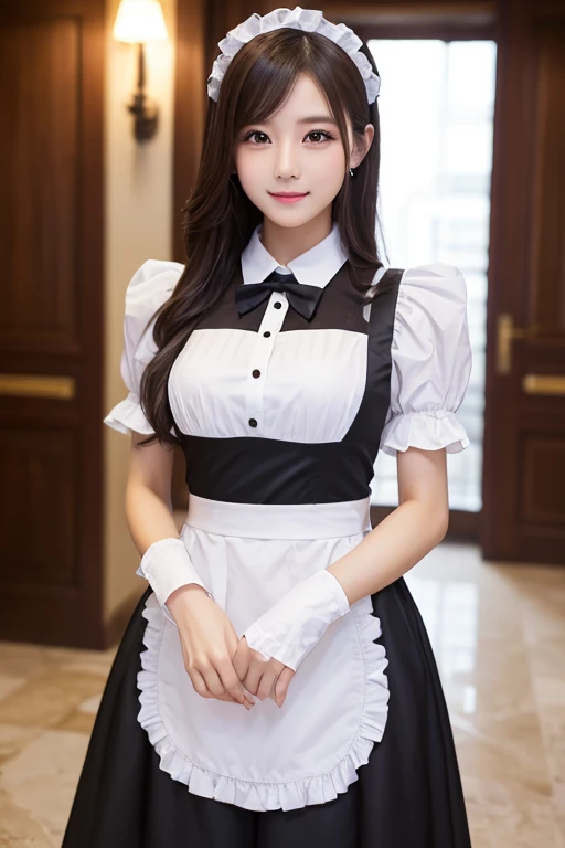 (8K, HDR, High resolution), ((((Full body photo,Raw photo, Hyperrealism, masterpiece, highest quality, ultra High resolution)))), (Pin Light, Backlight,Cinematic Light), ((Maid clothes,かわいいMaid clothes,maid Cafe,)),Sharp focus:1.4, (Hyper Detail, finely), 1 Korean Idol, Shooting from a bottom angle,A provocative smile,Archaic Smile,Beautiful Goddess,Small, plump lips, Straight and cute nose, A little redness on the cheekbones,Long and beautiful eyelashes, Narrow waist,Perfect Style,Beautiful breasts,Very heavy chest,Huge breasts
