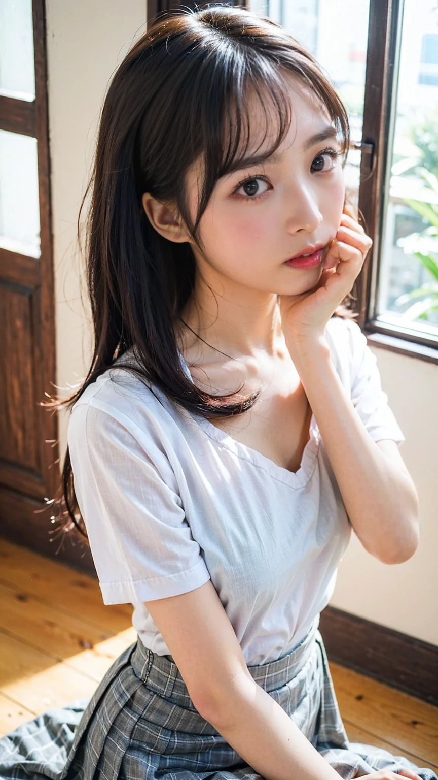high quality, High resolution, 8K,Japanese、Shortcuts、Sharp Face、slender、White T-shirt、Black shorts、On all fours、underwear