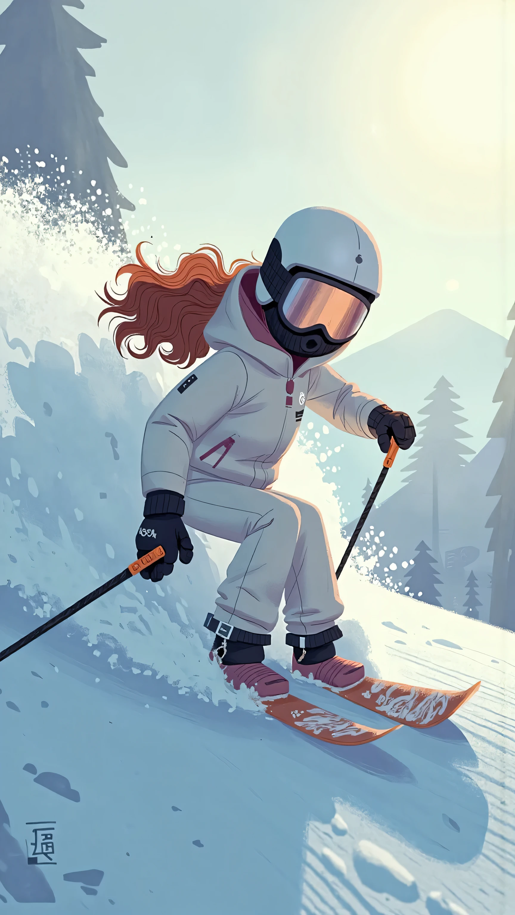 telephoto lens,Sporty snowboarders for women(, long wavy brown hair slides out of the brim, black mask,Wearing a white ski jacket, white helmet )Cutting snow on a steep slope,Flying snow powder spreads,overcast skies, dynamic blurry ,High contrast movie lighting,Mirrored goggles reflect soft light,Wide scene composition,Highlight snow texture and silhouette effects,illustration,Aletai Jiangjun Mountain。