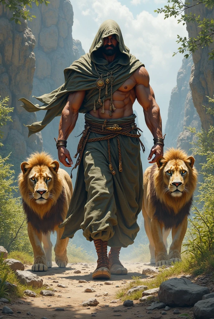 A handsome man with no shirt, golden pants, skinny white skin in the desert with a falcon and two leopards 