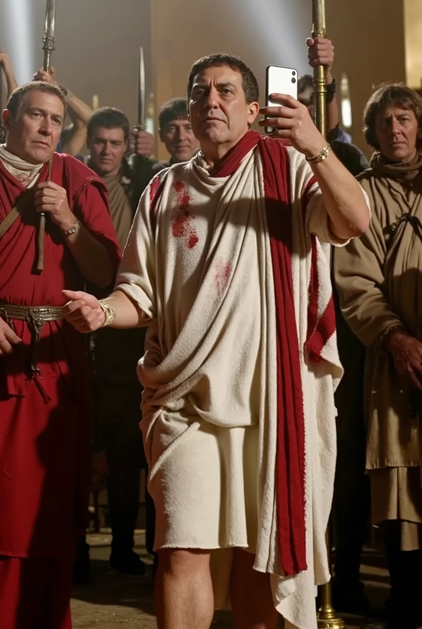 Imagine Julius Caesar taking a selfie-style pose without a phone, as if cameras existed in ancient Rome. He wears a white toga with a red stripe, bleeding from stab wounds, surrounded by senators with daggers. His hand is extended as if holding a phone. Caption floating in the scene: “Et tu, Brute...? #LastSelfie #IdesOfMarch #Betrayed #RomanDrama”. The setting is the Roman Senate, full of tension.