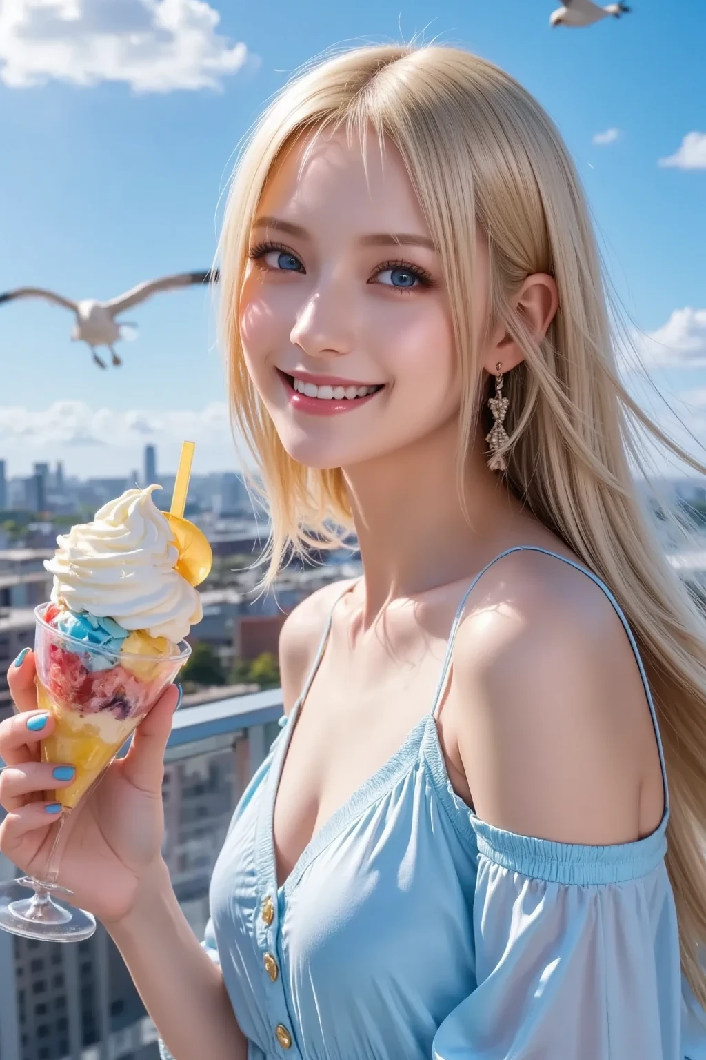 20-year-old female、Blonde、short hair、Big Breasts、T-Shirts、The background is the sea、Japanese、sex appeal、sexy、ice cream。