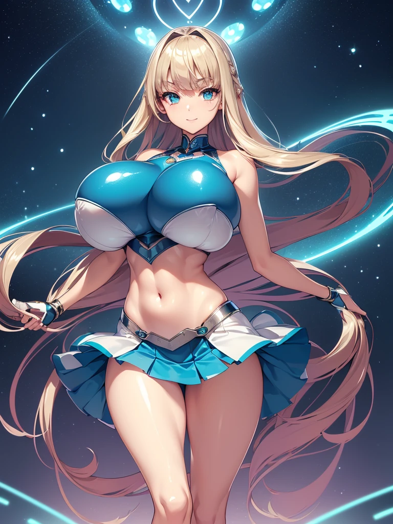 Rosalina, in space, wearing light blue dress, long messy hair, platinum blonde hair, 20 year old woman, busty, bubble butt, hourglass figure, skinny, standing, blushing, confused expression, mario galaxy, luma, heavy makeup, pink lips, pink lipstick, eyeshadow, full lips