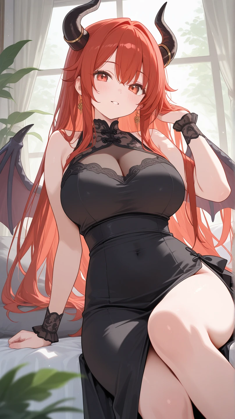 shy succubus, plump curves, voluptous, red hair, braids, tall, looking down at us, big breasts, gentle smile, black dress, colossal, muscular, huge wings, giant,