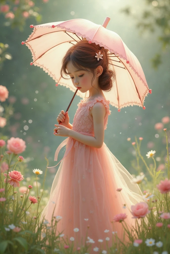 A cute japanese Little girl in a pink Lolita princess dress among flowers, in the morning light, best quality, ultra detail, uhd, in color of bright and hopeful, greatcity, photorealisitc, cannon, 85mm, iso 100, shutter 1/250, 16k