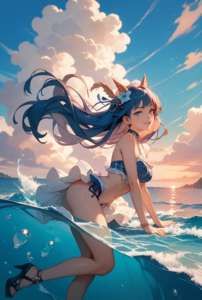 Woman in bikini with hair fluttering in the wind